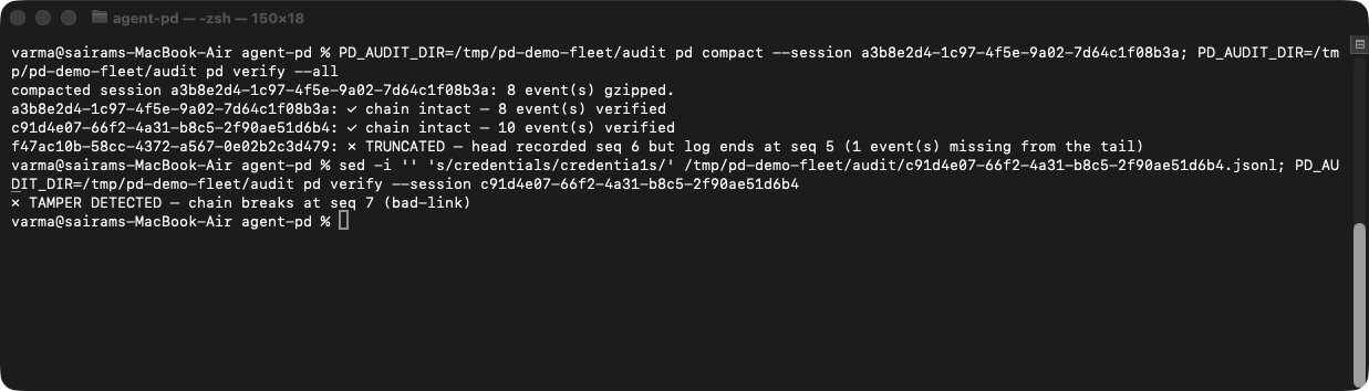 pd verify pinpoints both attacks: the truncated session is flagged TRUNCATED, and one flipped byte is flagged TAMPER DETECTED at seq 7, while the compacted session still verifies
