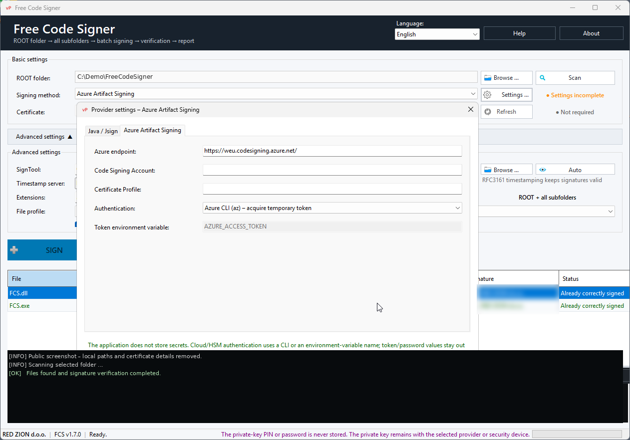 Azure Artifact Signing settings