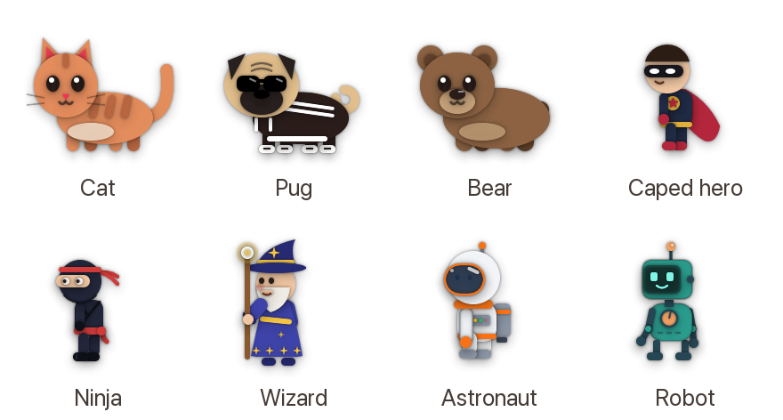 The eight buddies: cat, pug, bear, caped hero, ninja, wizard, astronaut and robot