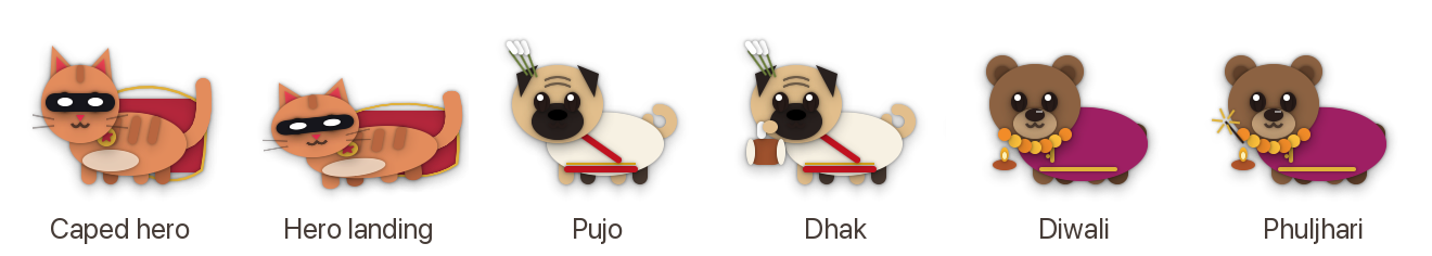 Costumes: a cat as a caped hero and its hero landing, a pug in a Pujo drape playing the dhak, a bear in a Diwali kurta waving a phuljhari