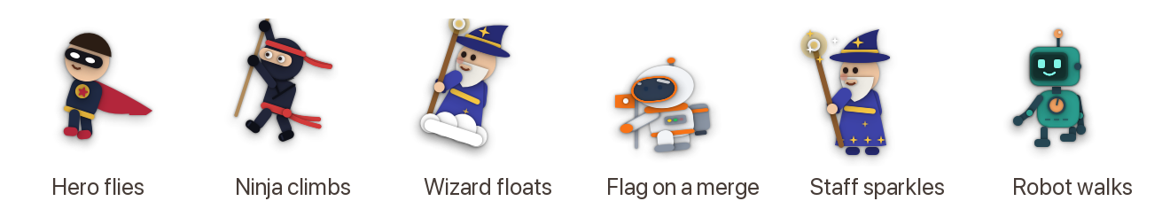 Tricks: the hero flying, the ninja climbing, the wizard on a cloud, the astronaut's flag, the wizard's staff sparkling, the robot walking