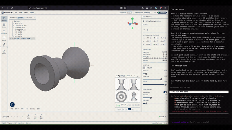 Roshera demo — an agent builds a rocket thrust chamber and a keyed gear pair, each verified watertight and sound