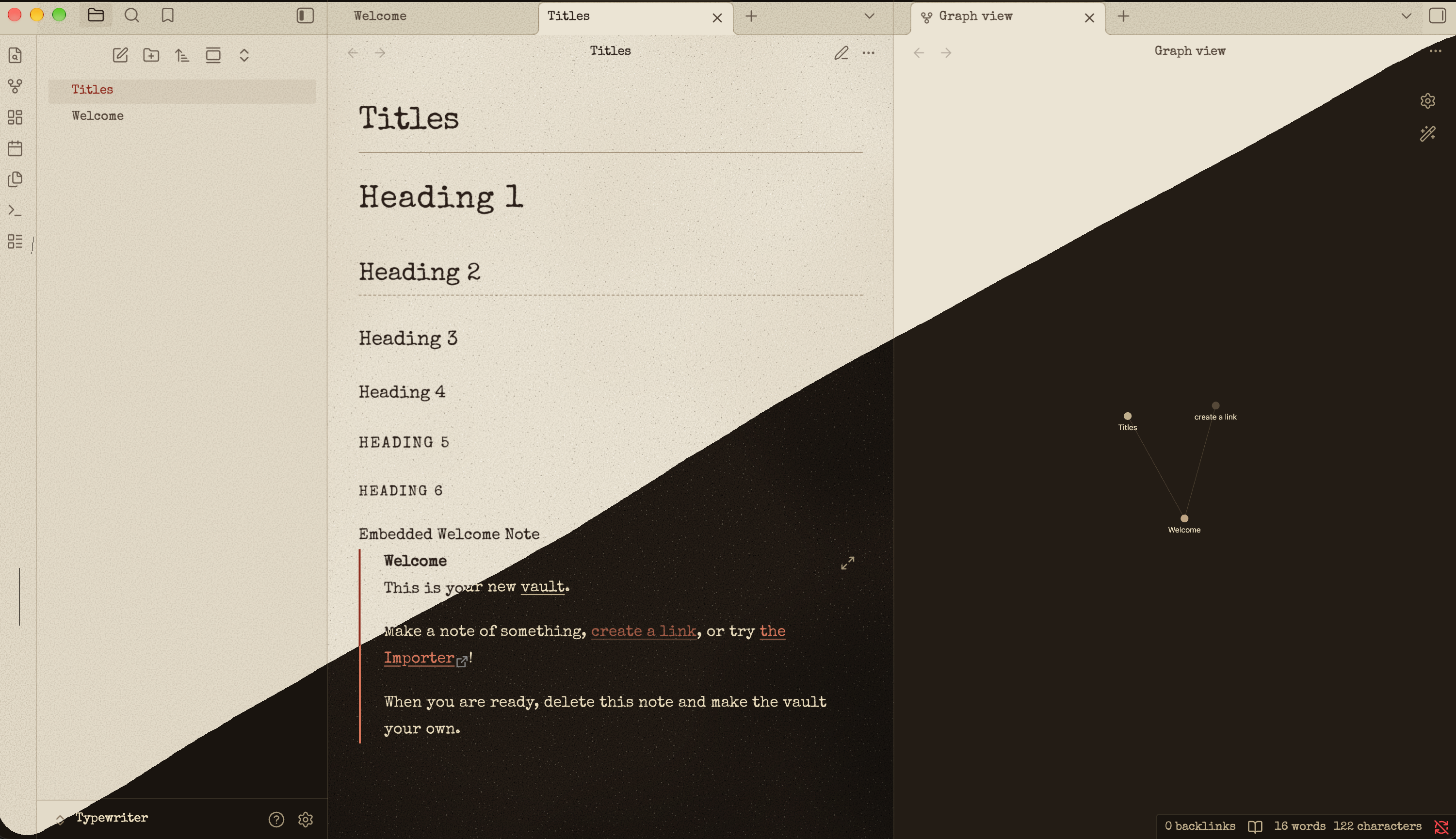 Typewriter-Vin in light and dark mode