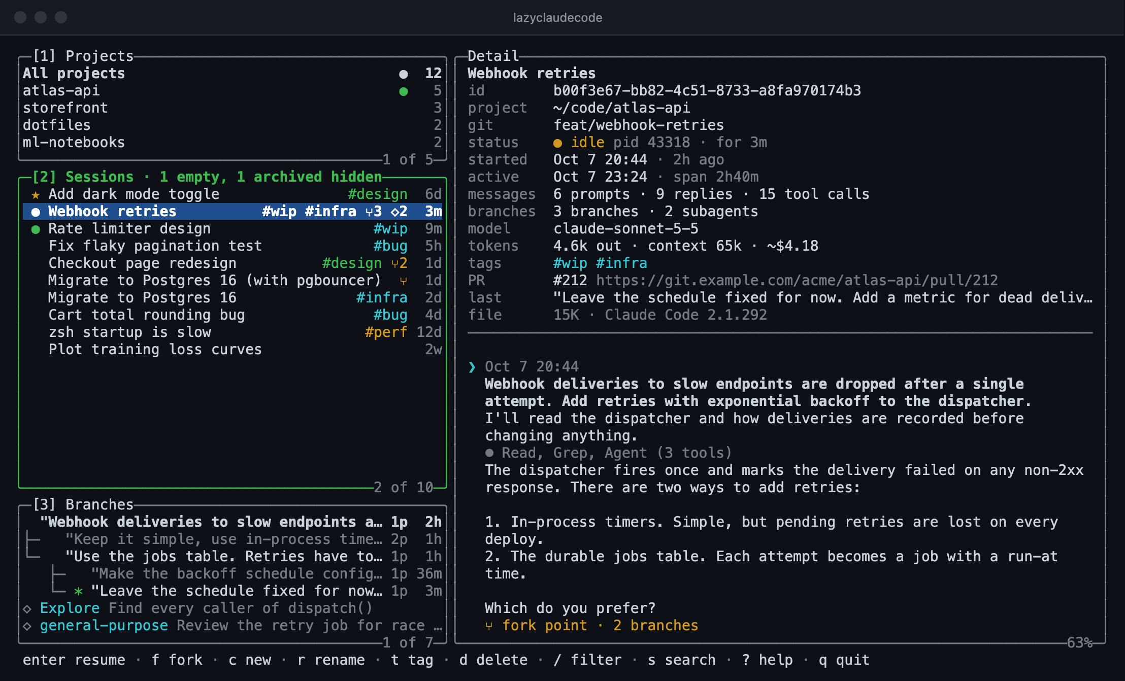 lazyclaudecode showing projects, sessions, a branch tree and a transcript