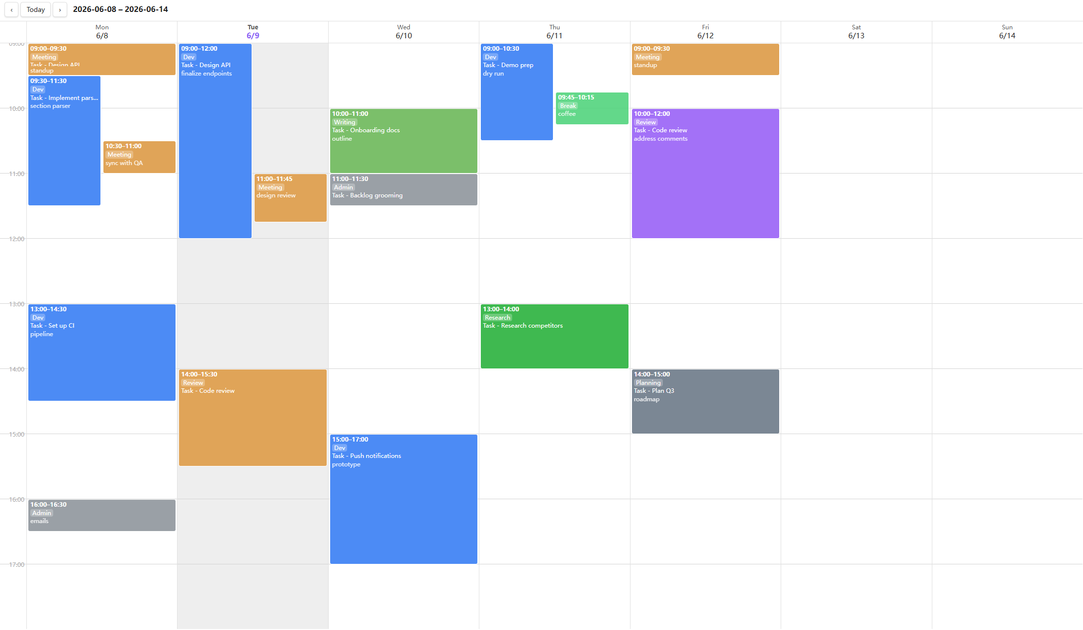 Weekly log calendar showing a 09:00–17:00 window for one week, with colour‑coded category blocks (Meeting, Dev, Writing, Review, Admin, Break) that link tasks and sit side‑by‑side when they overlap