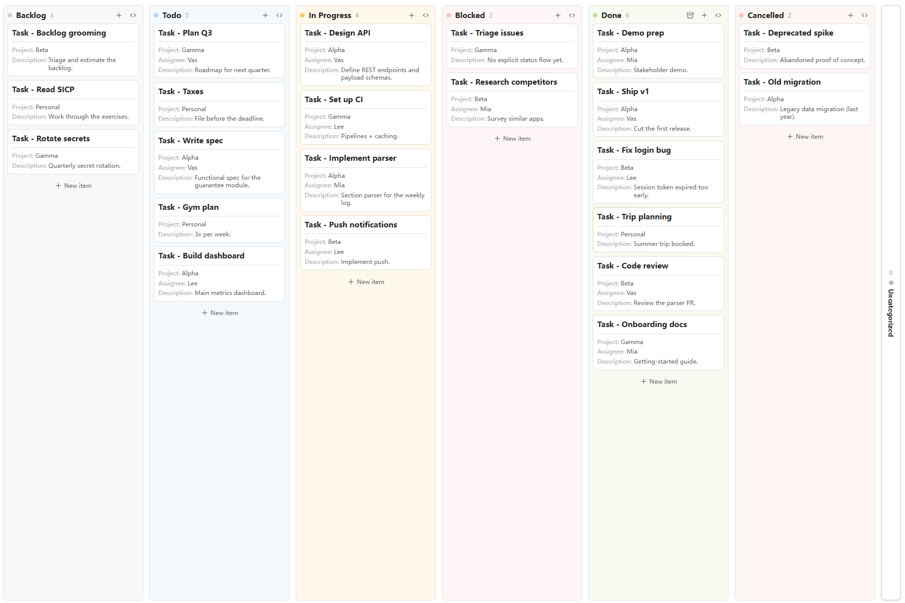 Kanban board with predefined columns (Backlog / Todo / In Progress / Blocked / Done / Cancelled), each softly tinted; cards show their properties as name: value rows beneath a divider under the title, and the Done column offers an archive‑all action