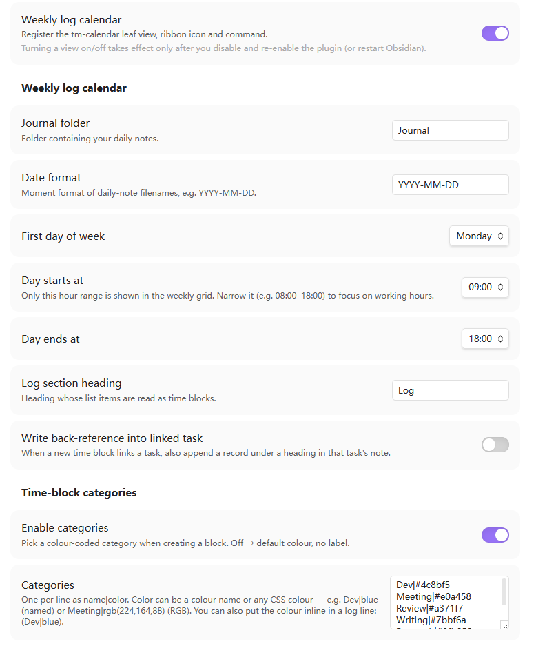 Settings — the Weekly log calendar section (shown because its view toggle is on): journal folder, date format, first day of week, the day‑window (start / end) dropdowns, log section heading, optional back‑reference, and colour‑coded categories