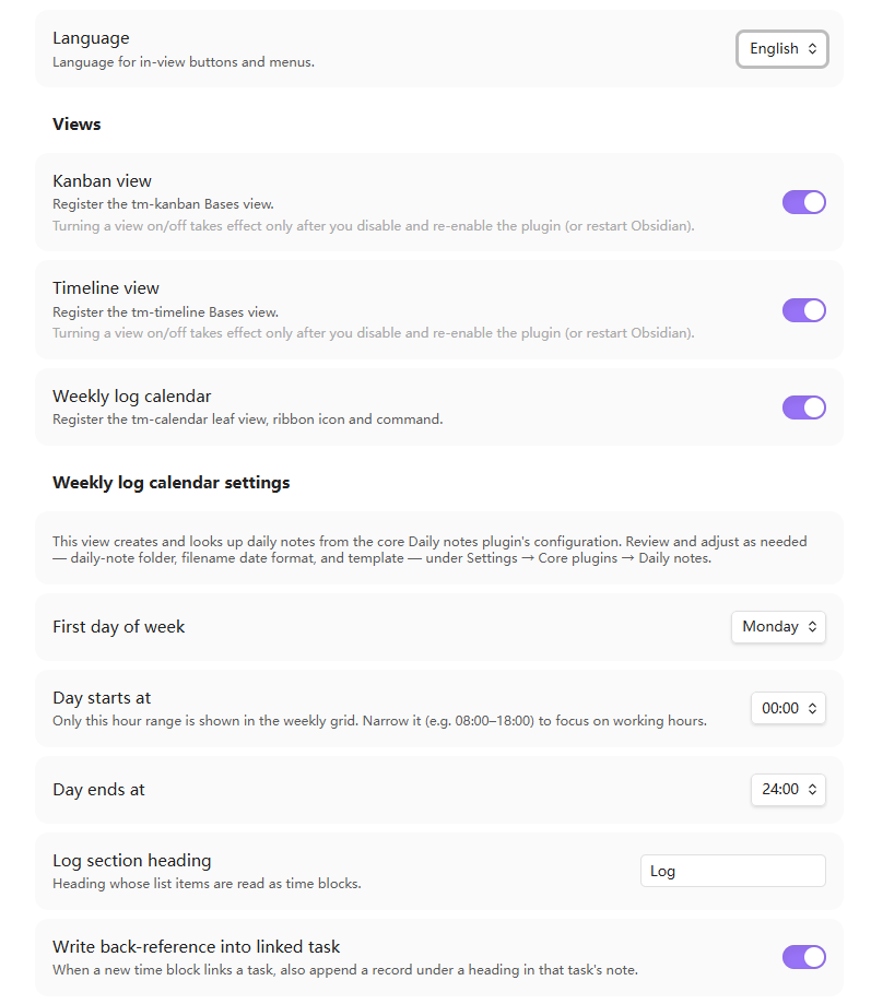 Settings — the Weekly log calendar settings section (shown because its view toggle is on): first day of week, the day‑window (start / end) dropdowns, log section heading, optional back‑reference, and colour‑coded categories