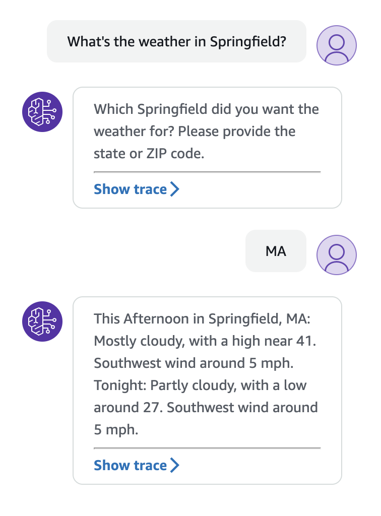 Image of a sample convesation with the agent to get the weather for Springfield, MA