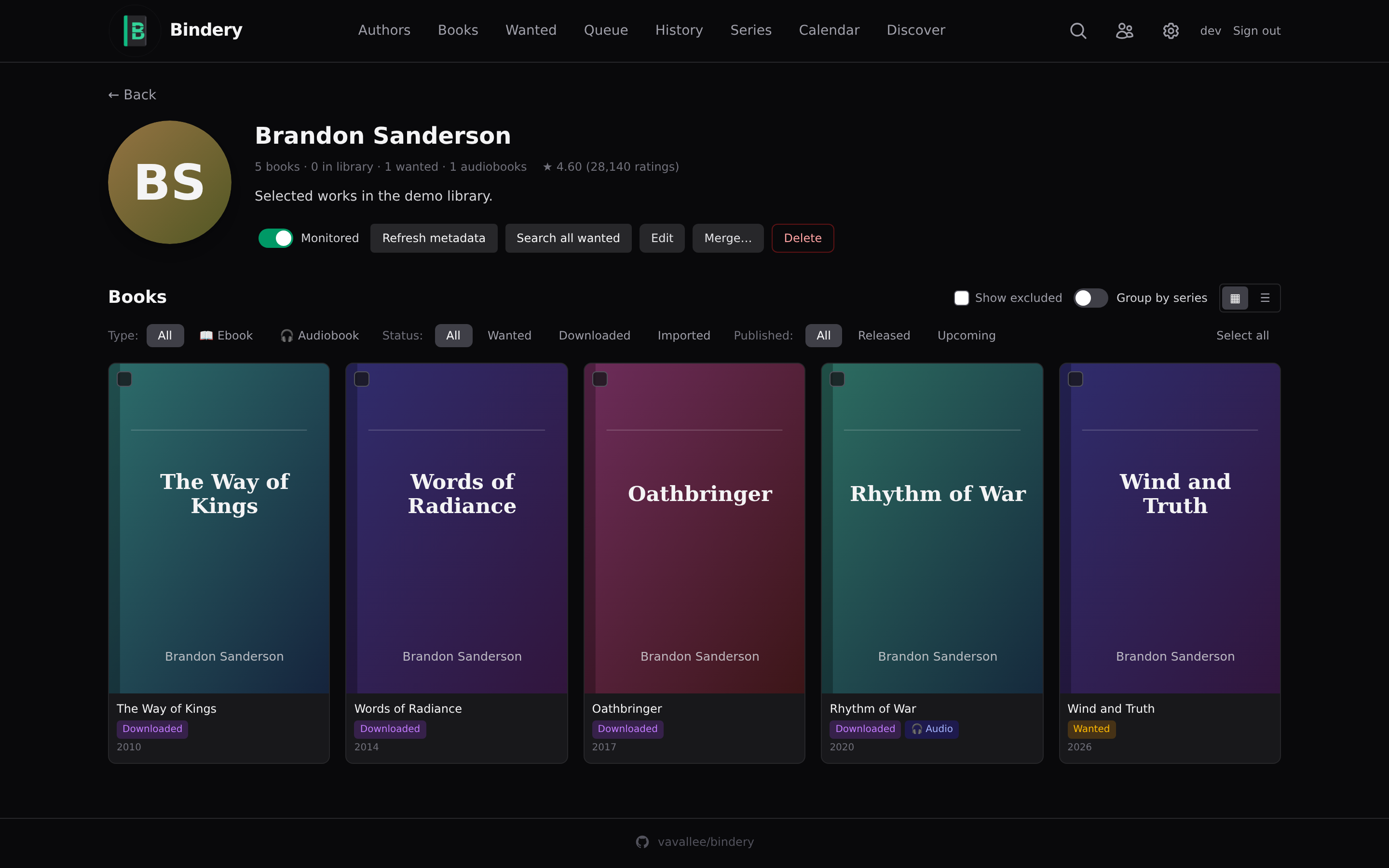 Bindery — Author detail page with monitored books