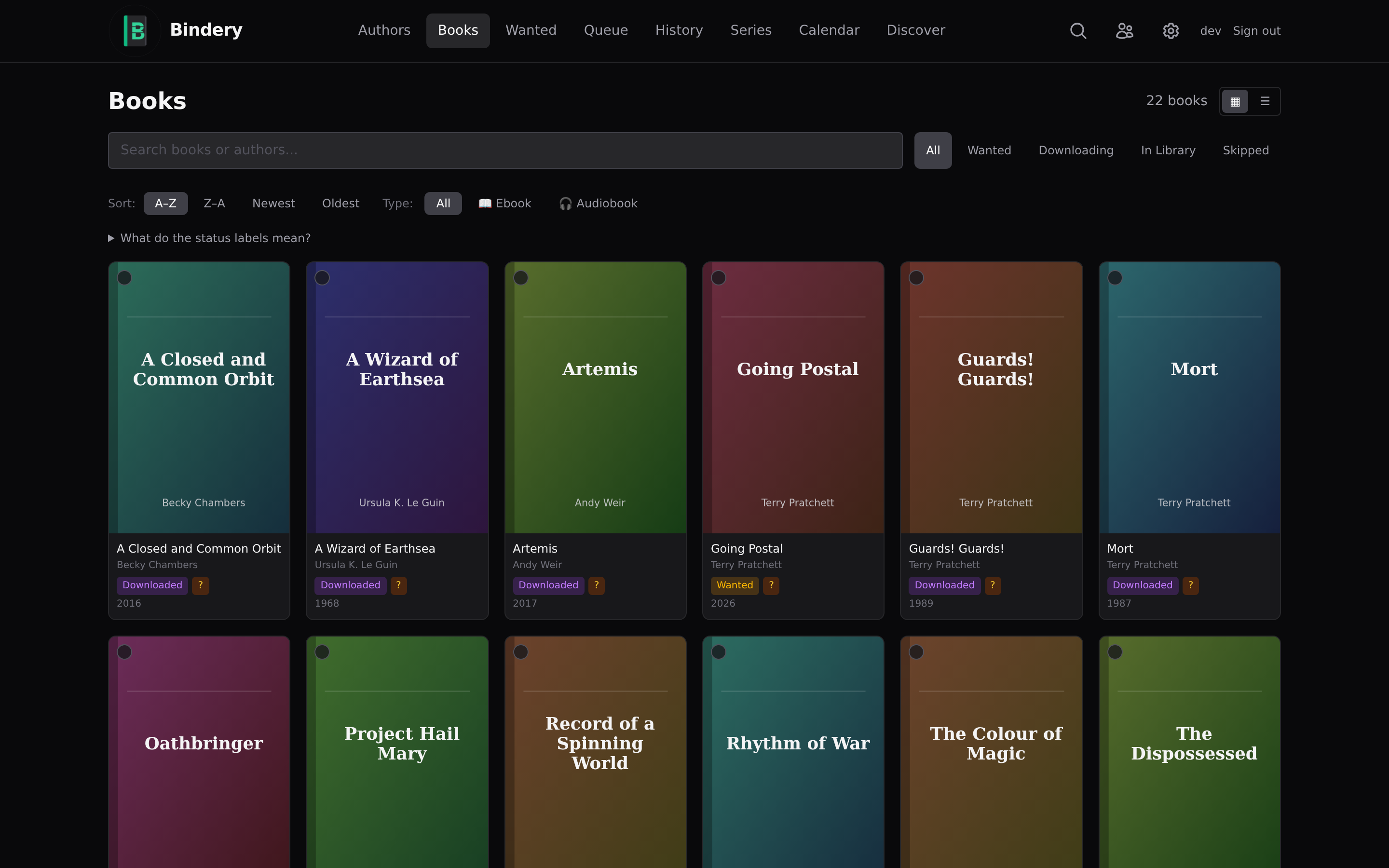 Bindery — Books library grid view