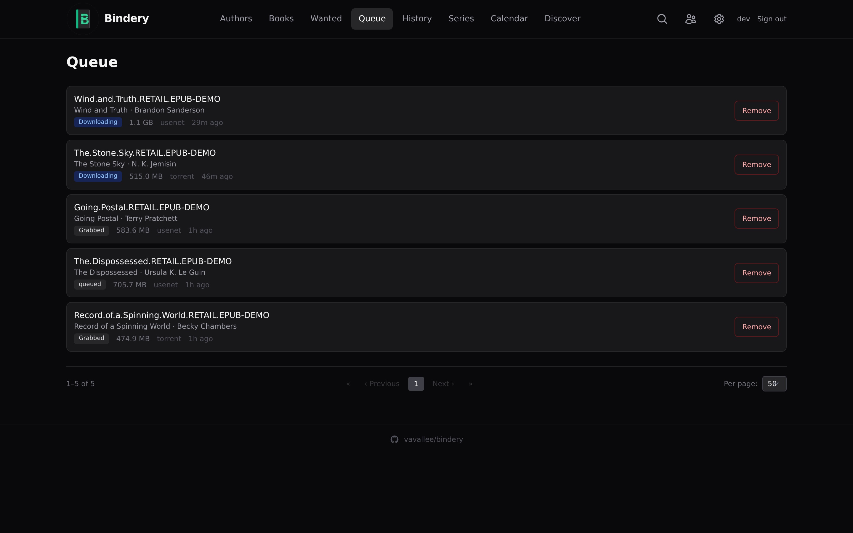 Bindery — Download queue with live status