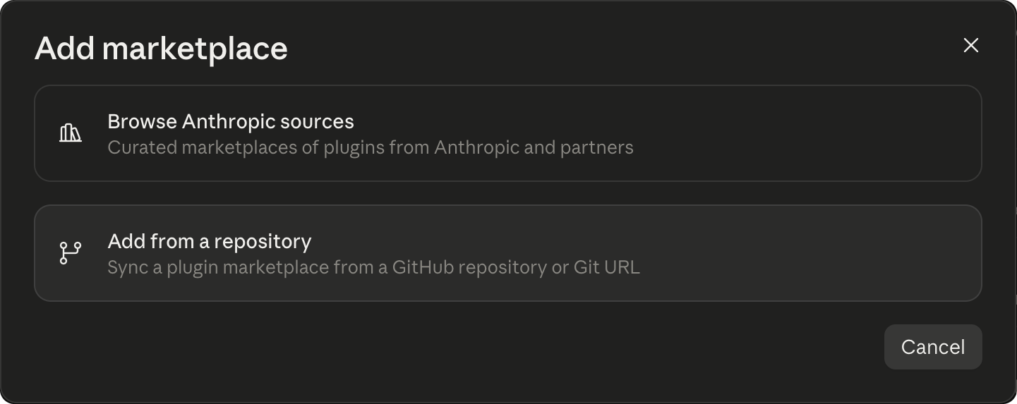 The Add marketplace dialog in the Claude desktop app, with two choices: Browse Anthropic sources, and Add from a repository, which syncs a plugin marketplace from a GitHub repository or Git URL.