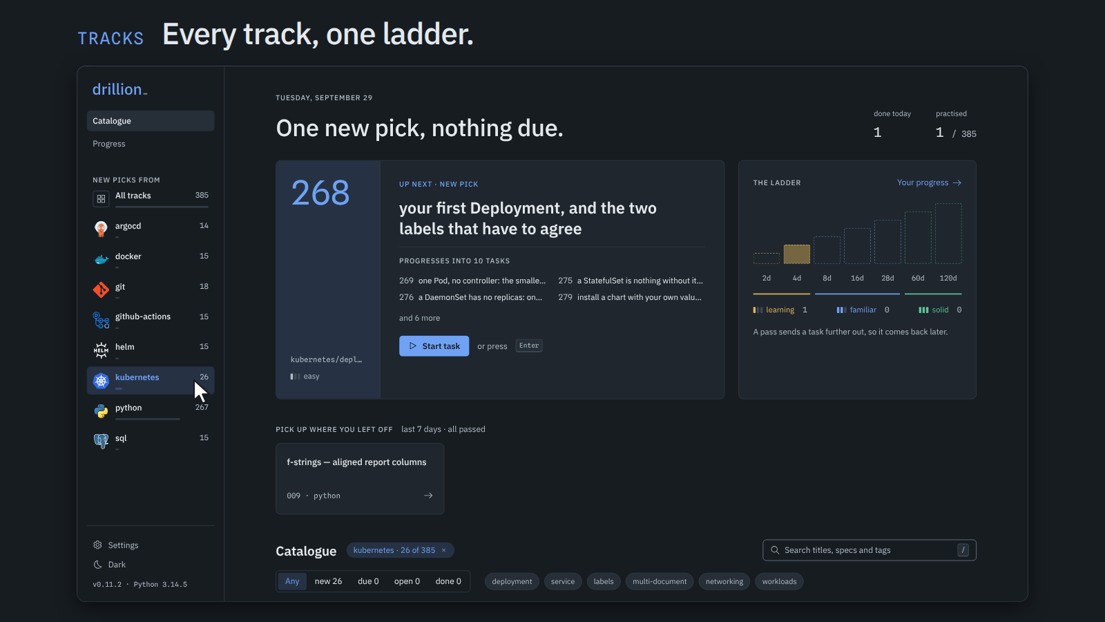 drillion in dark mode: picking a Kubernetes task, writing Python with editor completions, a failed run beside the expected output, the pass beside the reference, the ladder, task connections, progress filling in, and the docker run command