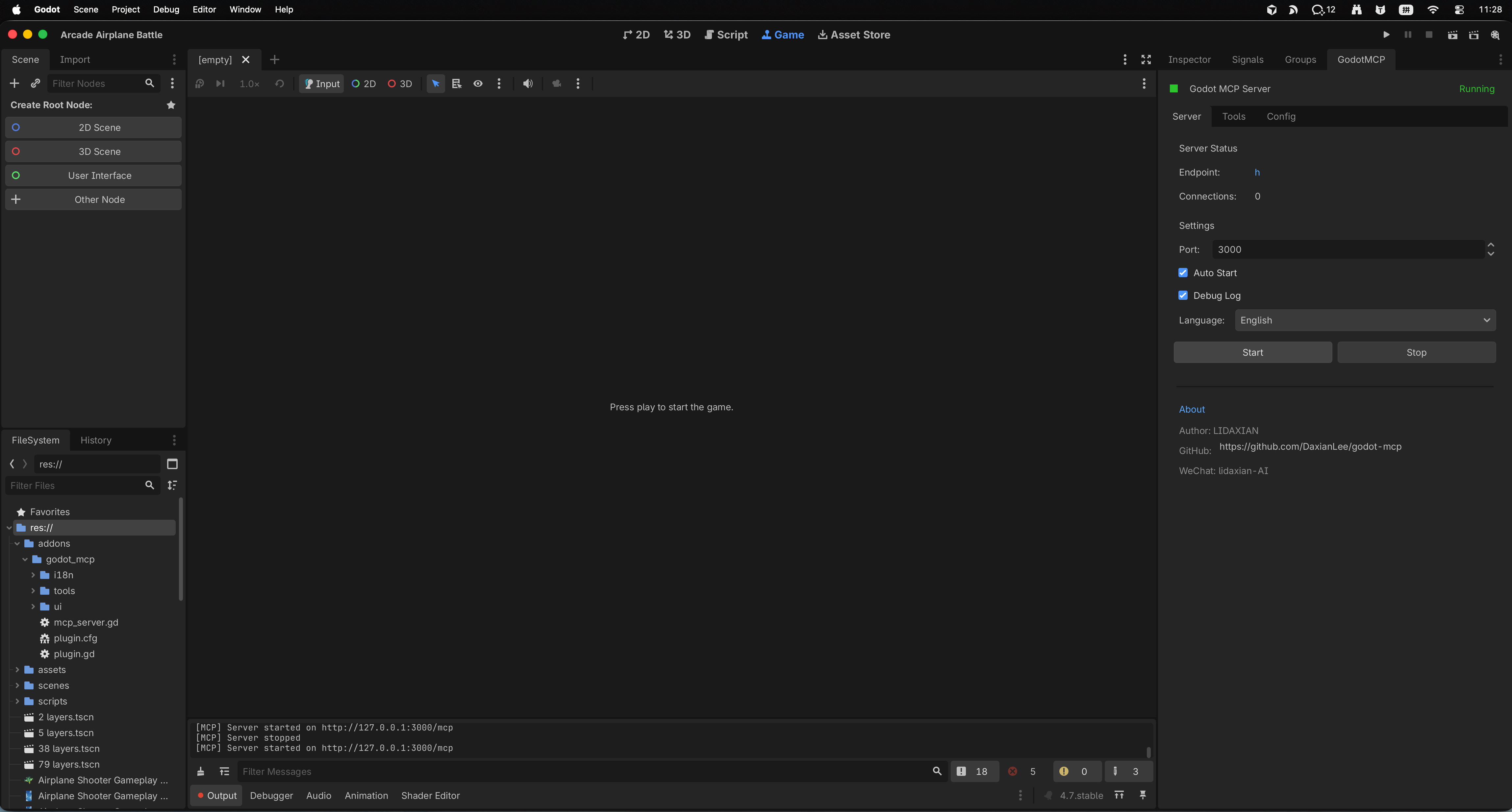 Start Godot MCP server from the editor panel