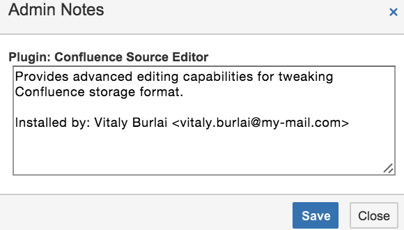 Confluence Admin Notes dialog