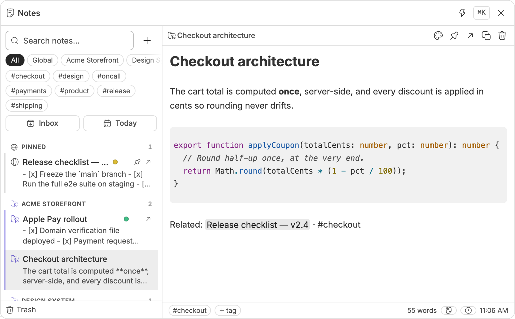 The editor showing a highlighted code fence and a wiki link