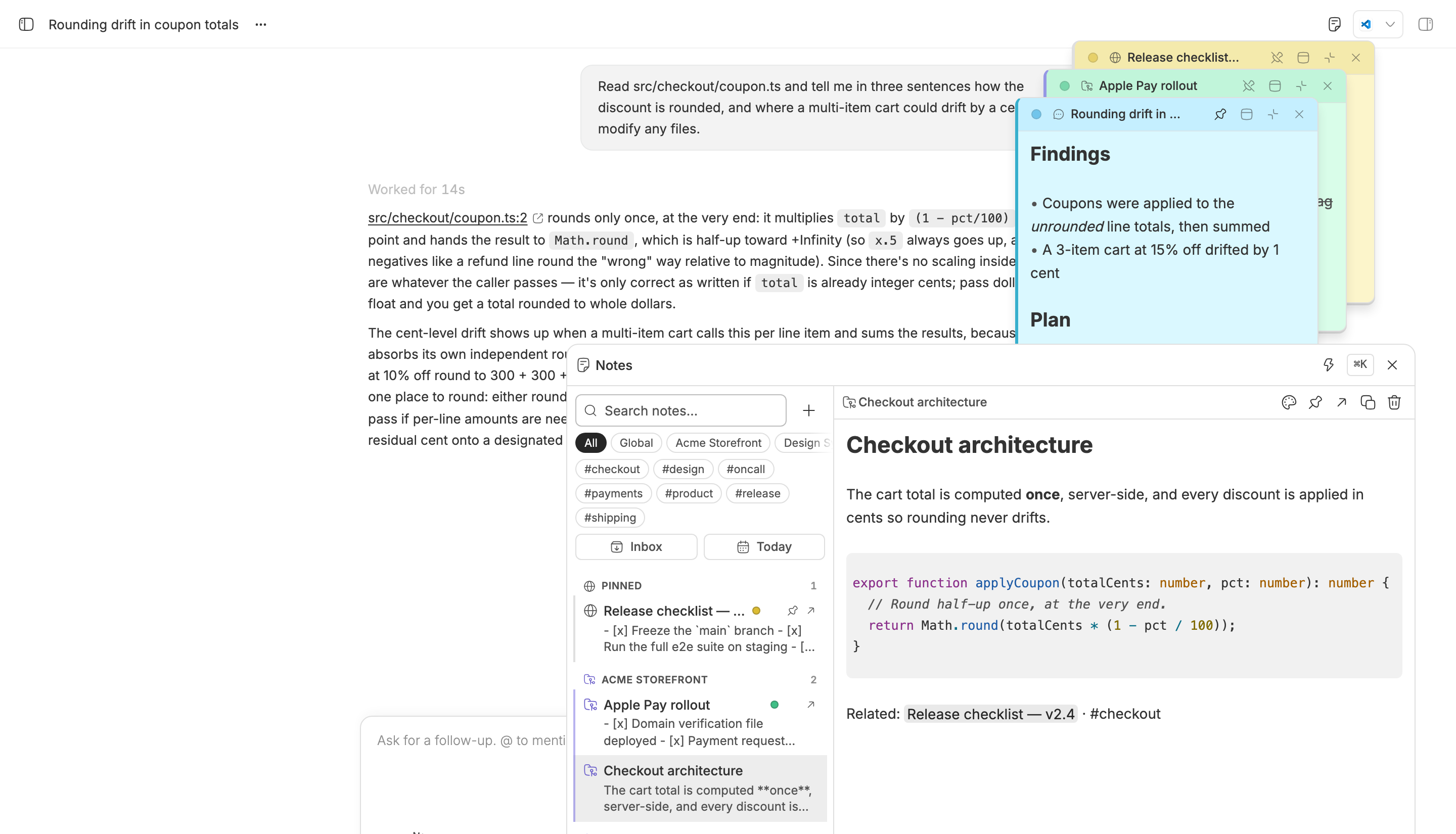 The Floating Notes window and three stickies over a bb thread