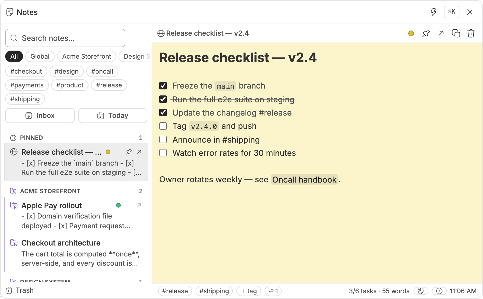 The note list grouped into project, global, scratchpad and daily sections