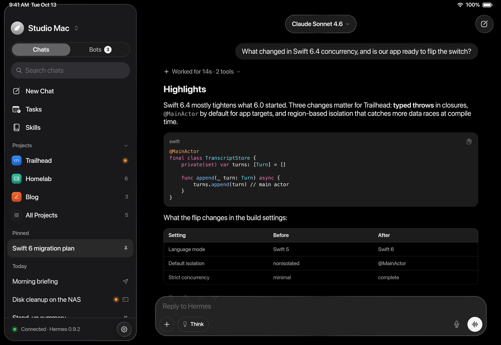 A chat on iPad with a code block and a table