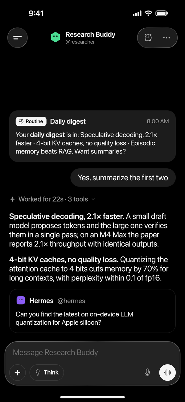 Research Buddy's chat with a routine's daily digest and its summary
