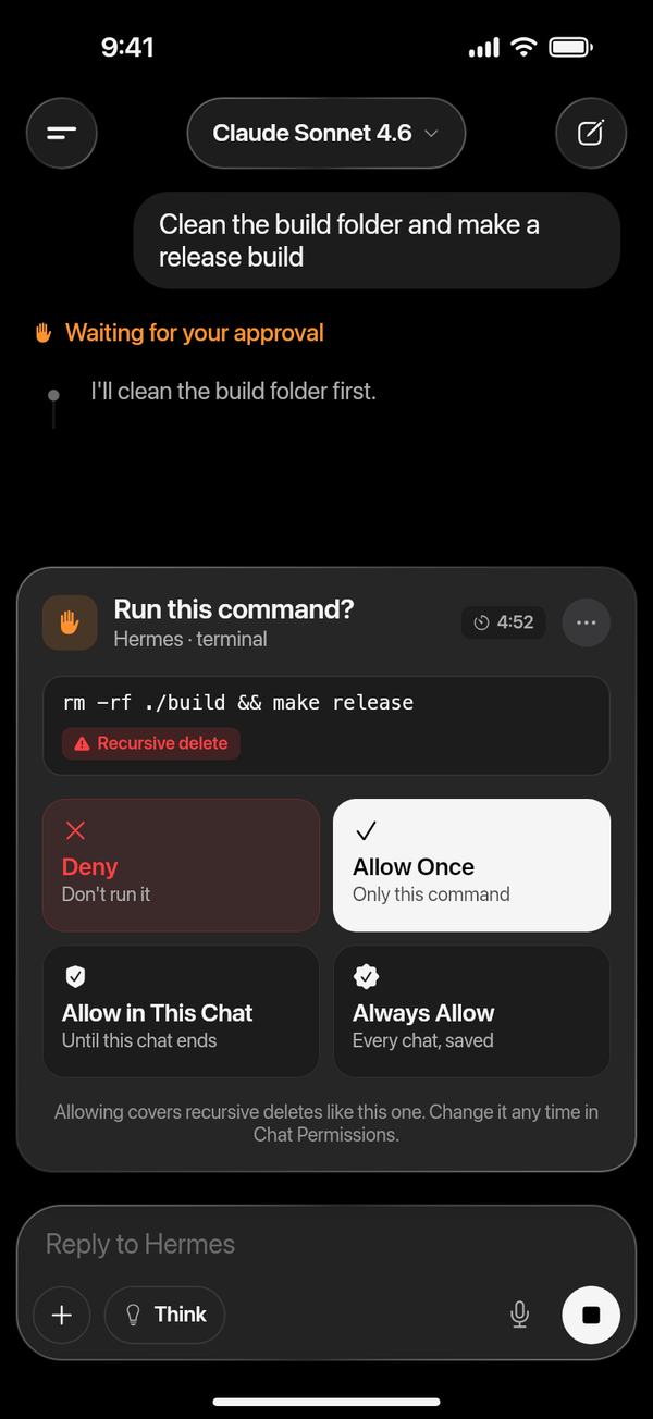 Hermes asking before it runs rm -rf ./build && make release