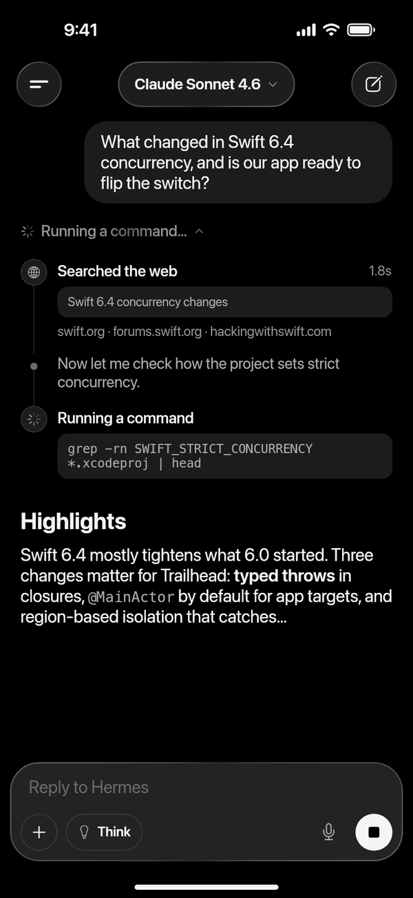 A chat with Hermes searching the web and running a command, step by step