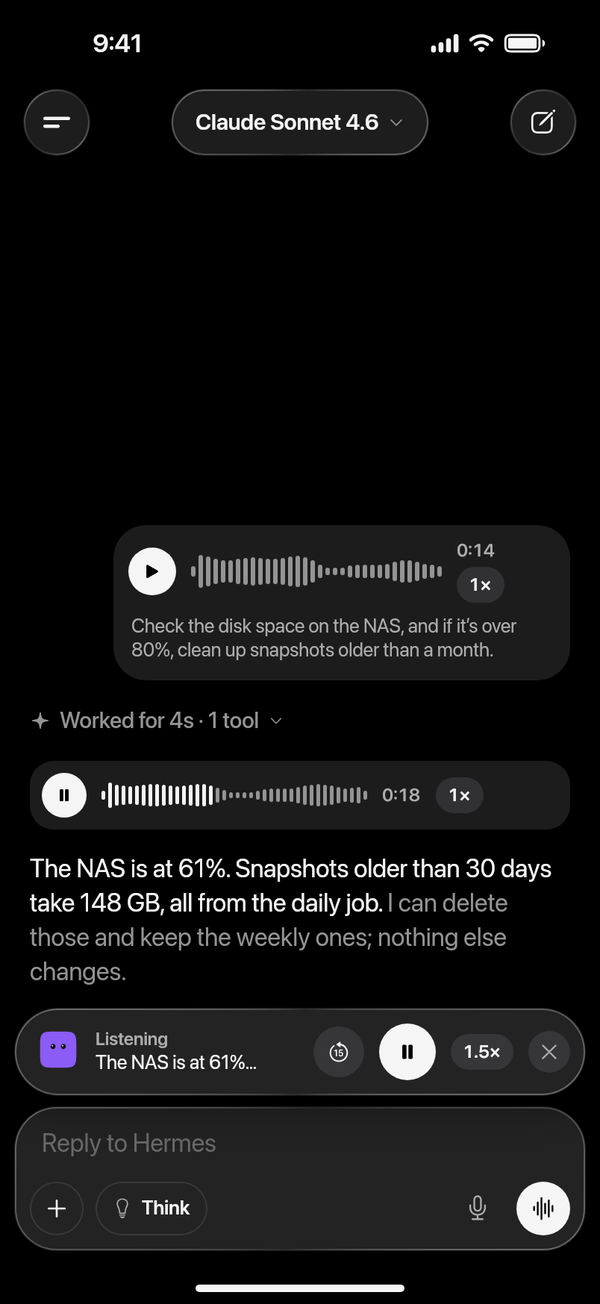 Voice messages both ways, with Listen reading the reply aloud