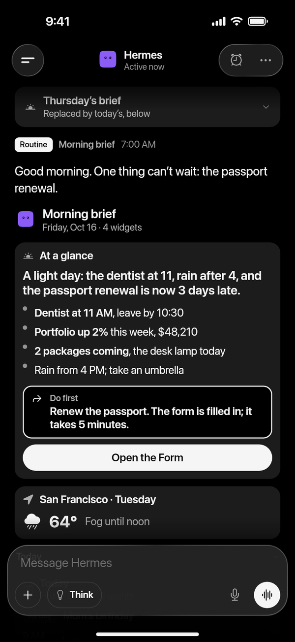 A morning brief with widgets: the day at a glance, a form to fill in and the weather