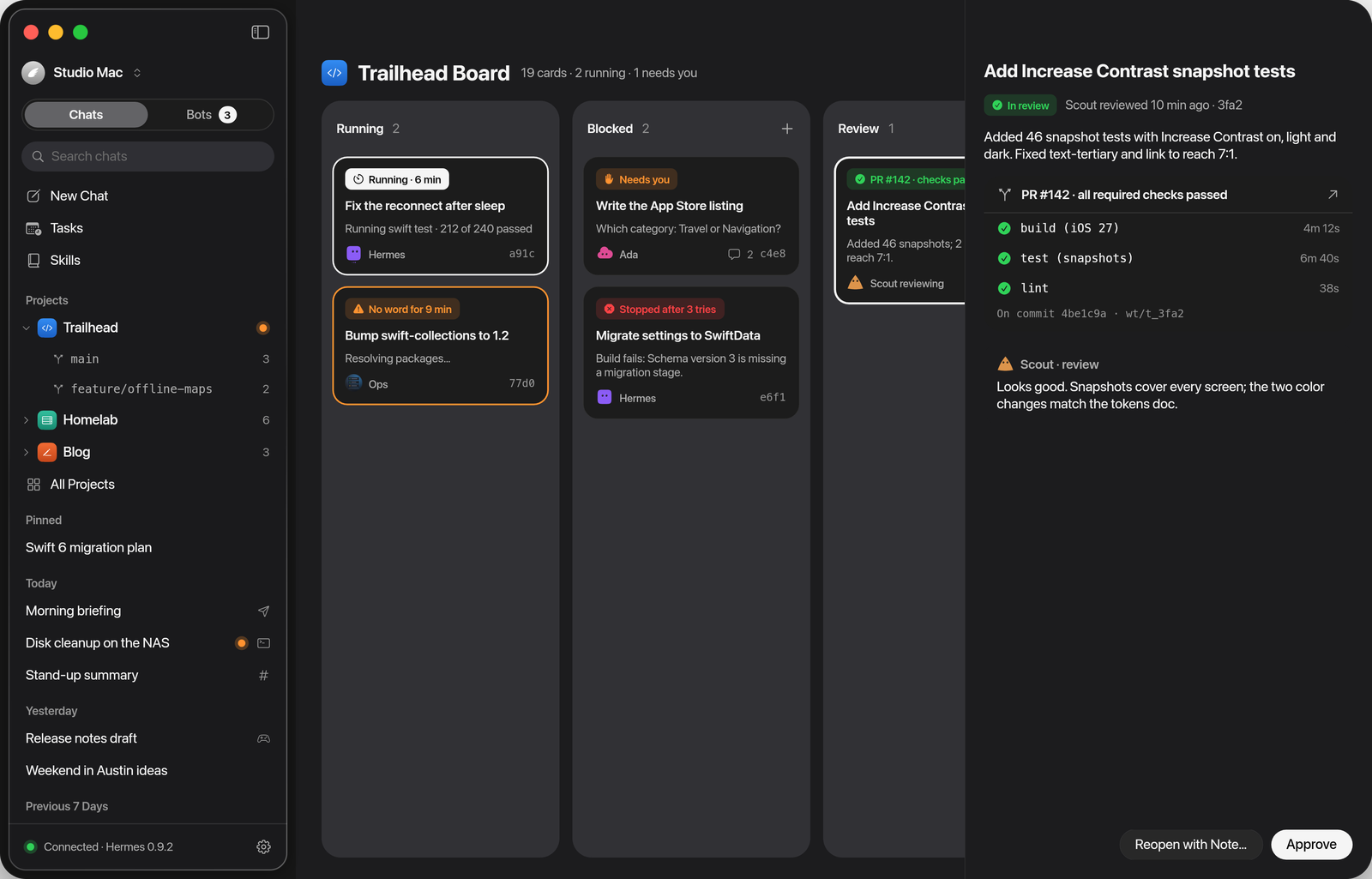 A project's Board with running, blocked and in-review cards