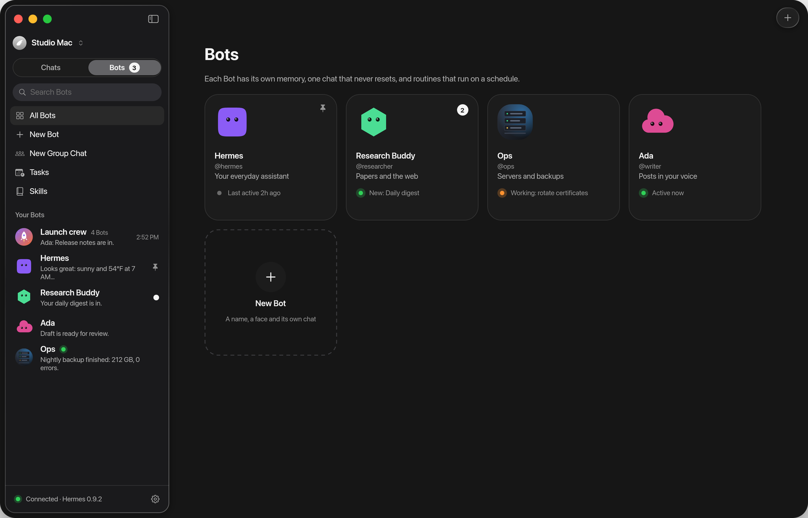 The Bots page on the Mac: Hermes, Research Buddy, Ops and Ada