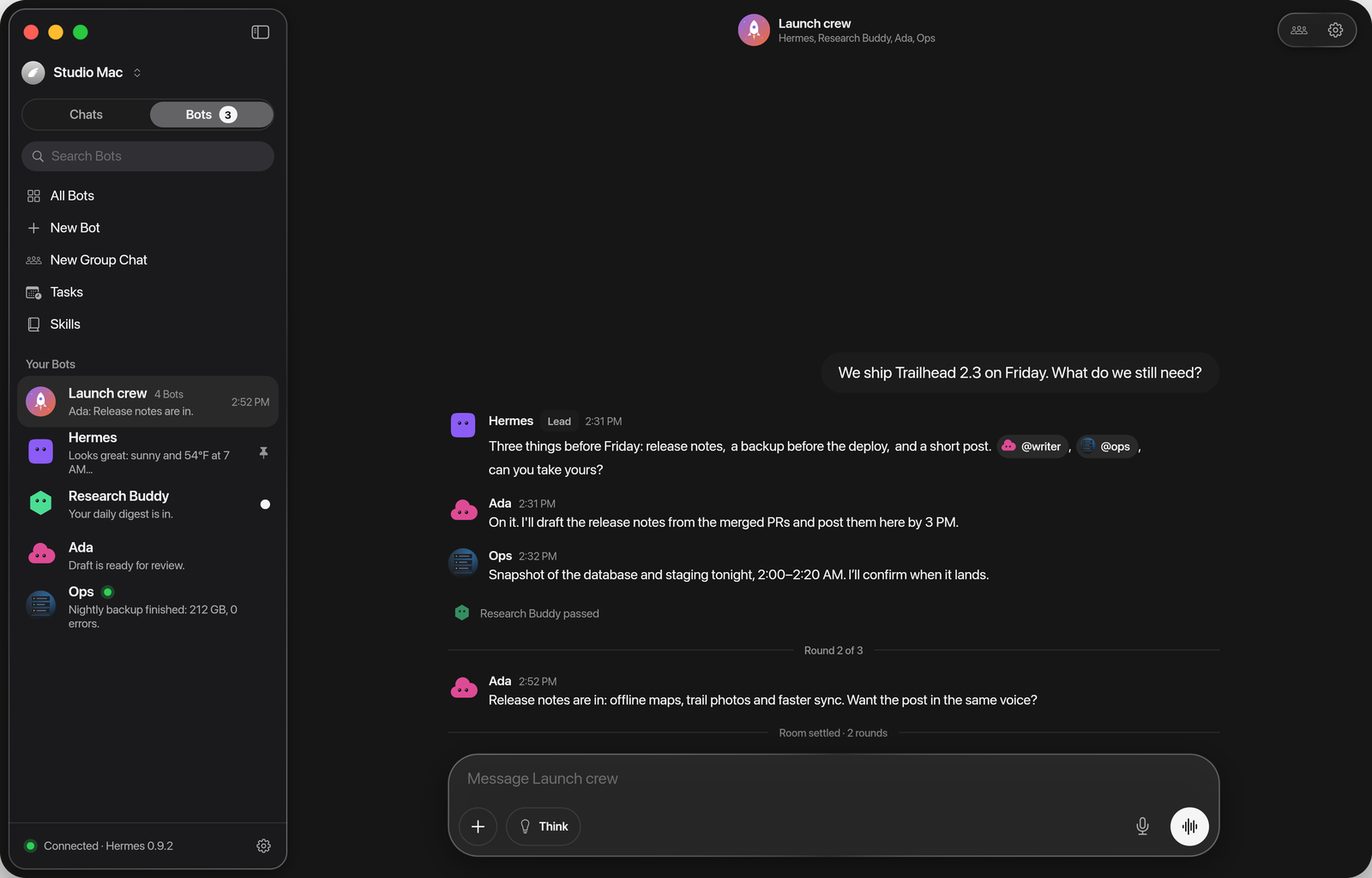 A group chat on the Mac where Hermes, Ada and Ops plan a launch together