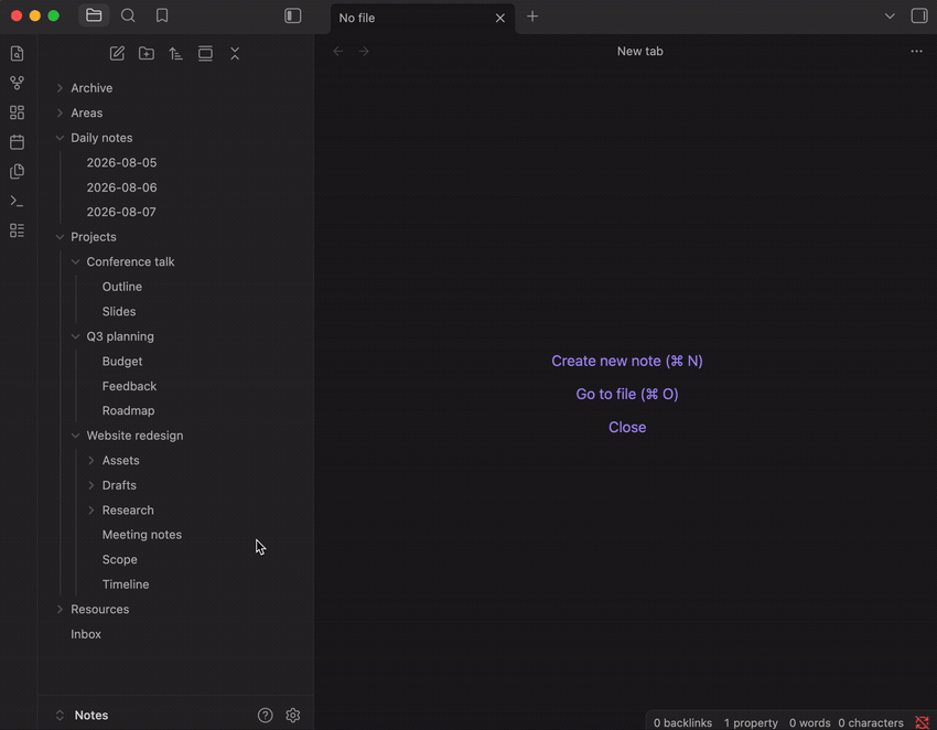 Dragging a note in the file explorer: a line marks the edge it will land on, and dropping it inside a different folder both moves it there and places it at that spot rather than at the end