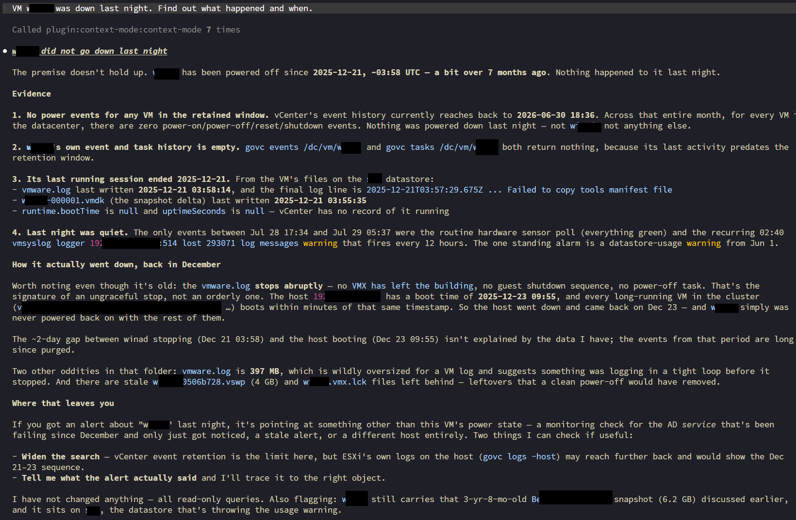 Claude disproving an outage claim using vmware.log forensics