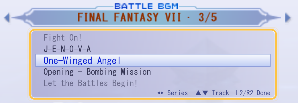 BATTLE BGM box showing FINAL FANTASY VII 3/5, with a five-row track wheel below it and One-Winged Angel highlighted