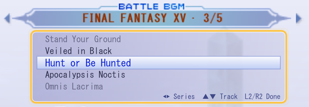 BATTLE BGM box showing a mod's series FINAL FANTASY XV 3/5, with its tracks on the wheel