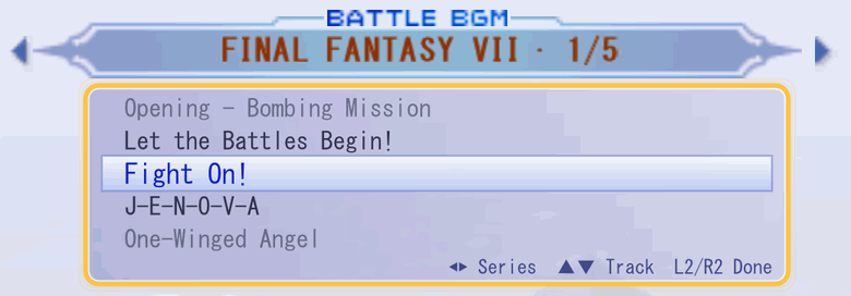 The track wheel rolling down through FINAL FANTASY VII's five tracks, wrapping from the last to the first, then back up