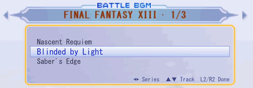 The track wheel rolling through FINAL FANTASY XIII, then left and right switching to DISSIDIA, a mod's FINAL FANTASY XV and CRISIS CORE, and back