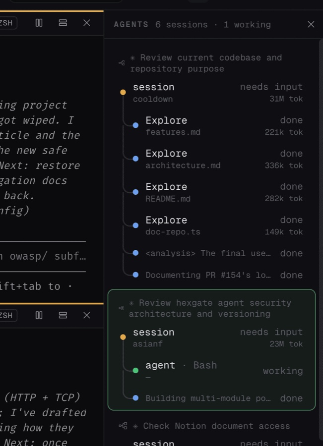 Agents board showing sessions, sub-agents, status, and token usage
