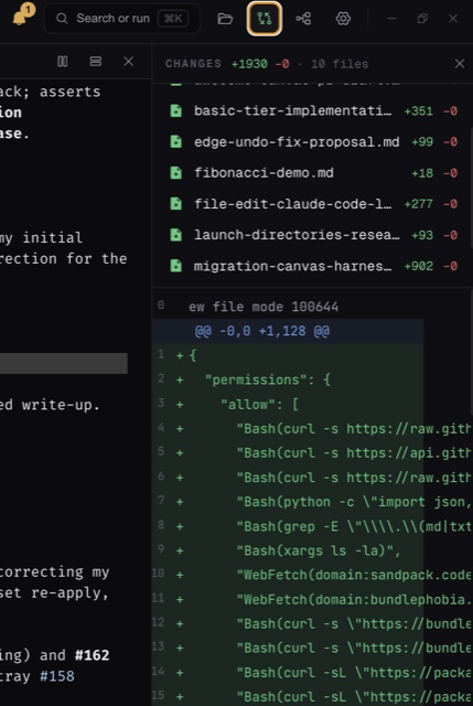 Changes panel showing a git diff