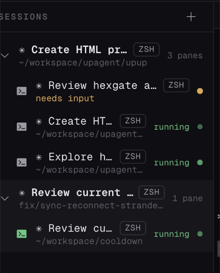 Sidebar tree of sessions and panes with status dots