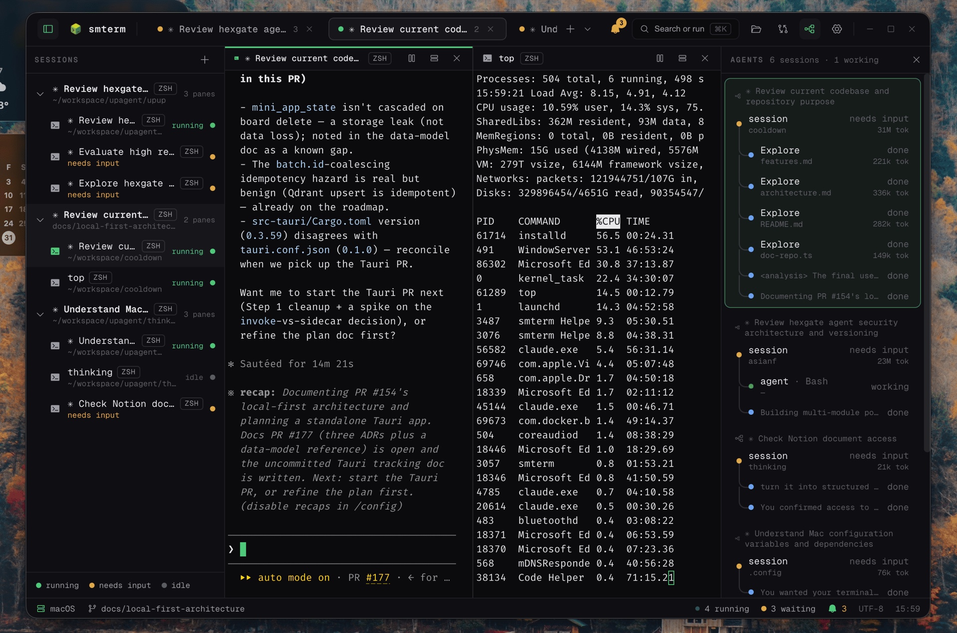 smterm running four agent sessions in split panes, with the Agents board on the right