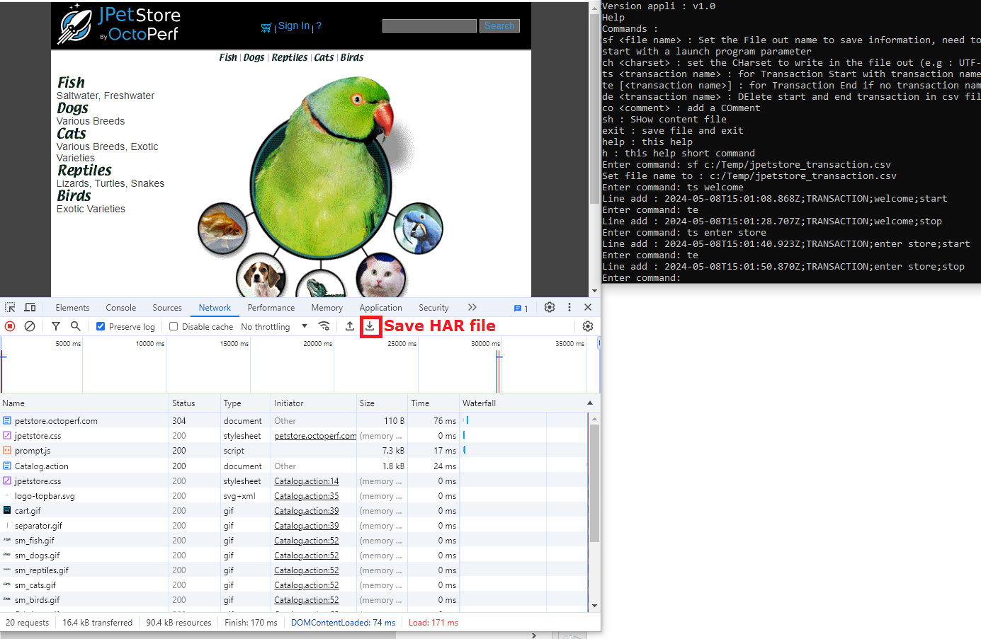 Record a HAR file and create external csv file