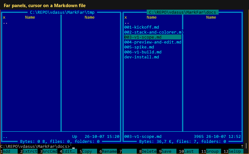 MarkFar: F3 opens the preview, F2 toggles wrap, F6 switches to the source and back
