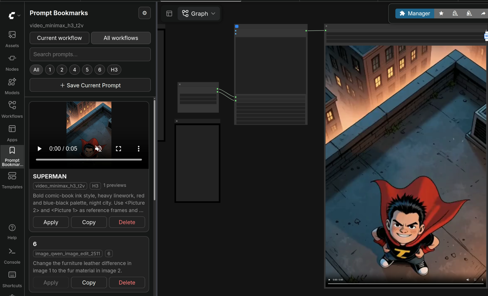 Prompt Bookmarks sidebar with video preview