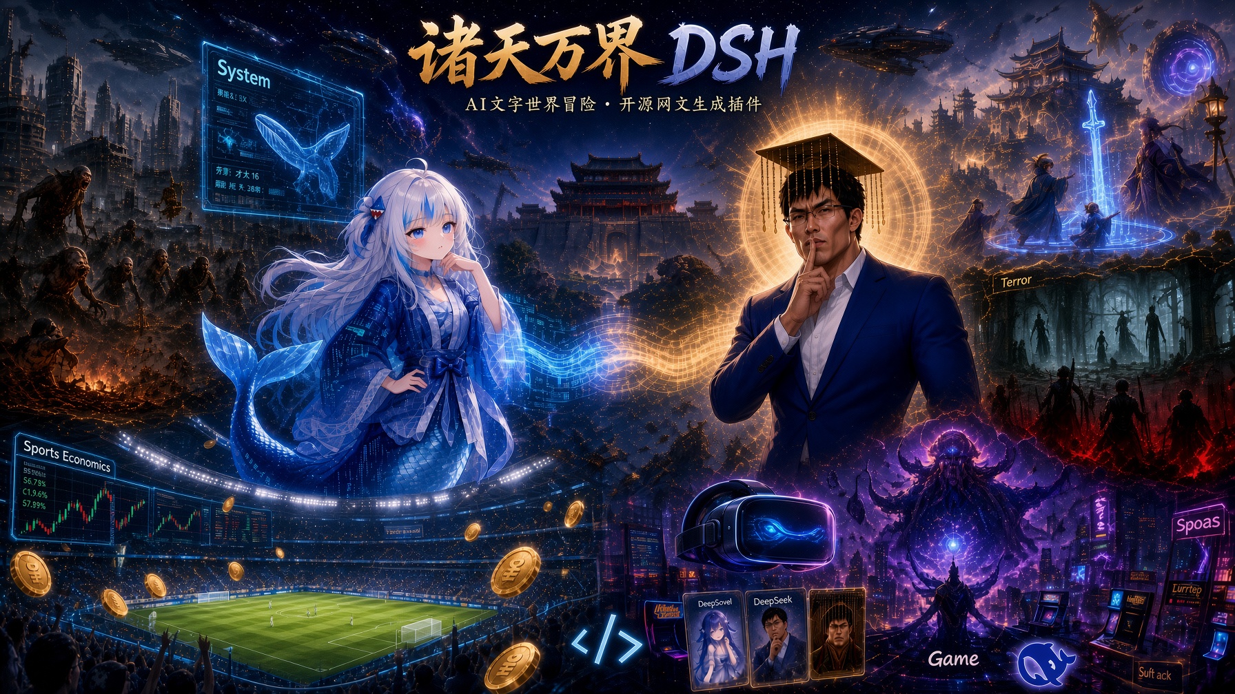 诸天万界DSH：鲸鱼娘与梁圣立于碎裂的万界，身后是修仙、末世、规则怪谈与赛博霓虹