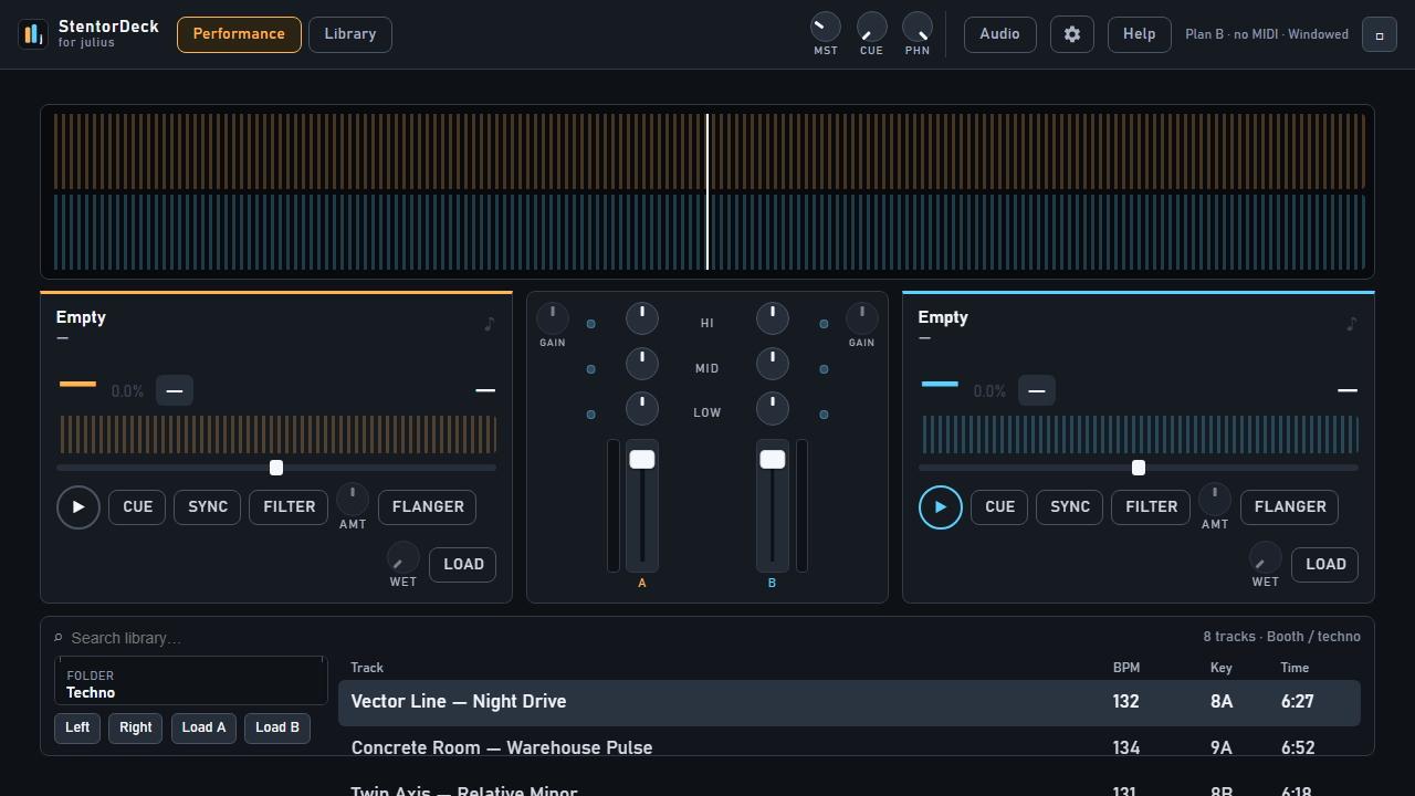 StentorDecks performance mode: two decks with scrolling beatmatched waveforms and a central mixer