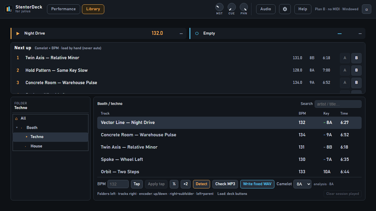 StentorDecks library mode with dual-pane music library browser showing BPM and key columns