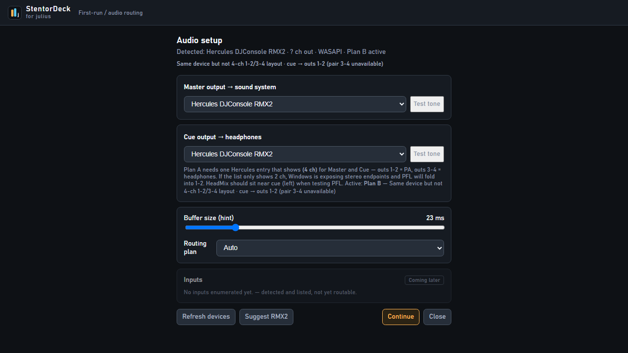 StentorDecks audio setup screen for routing master and headphone outputs