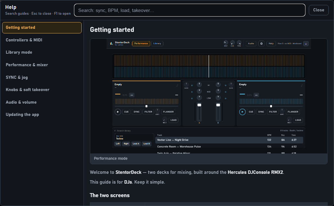 StentorDecks in-app Help panel with searchable guides